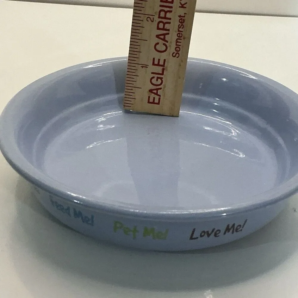 ROOM Creative Color Me Happy Pet Bowl Blue Stoneware Feed Me Love Me 6”